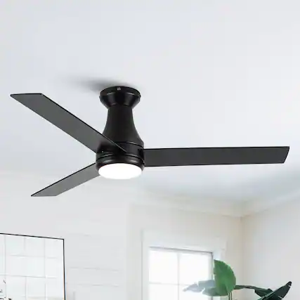 Front. Vaczon - 48" Industrial Black Flush Mount Ceiling Fan with Light - Black.