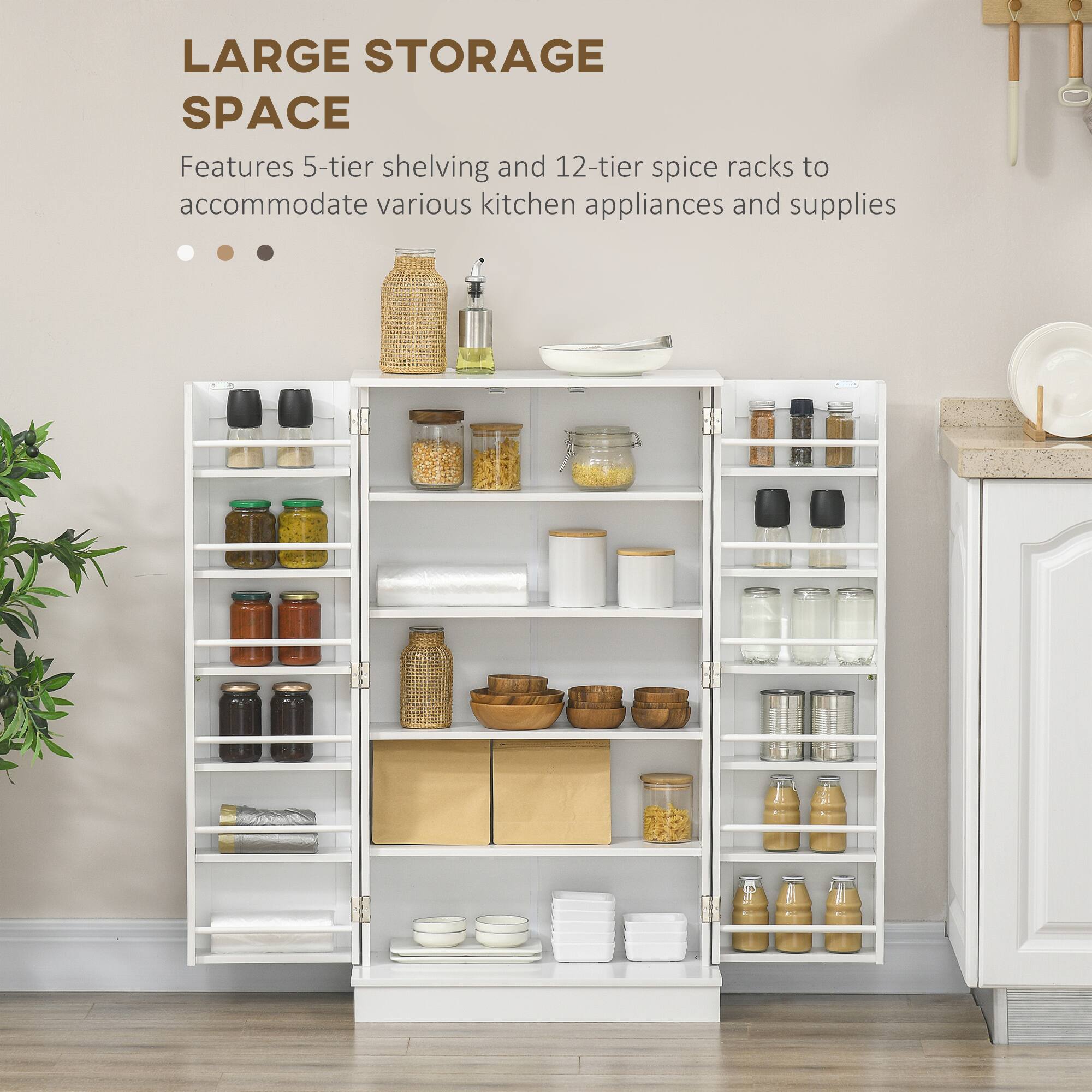 LARGE STORAGE SPACE
Features 5-tier shelving and 12-tier spice racks to accommodate various kitchen appliances and supplies