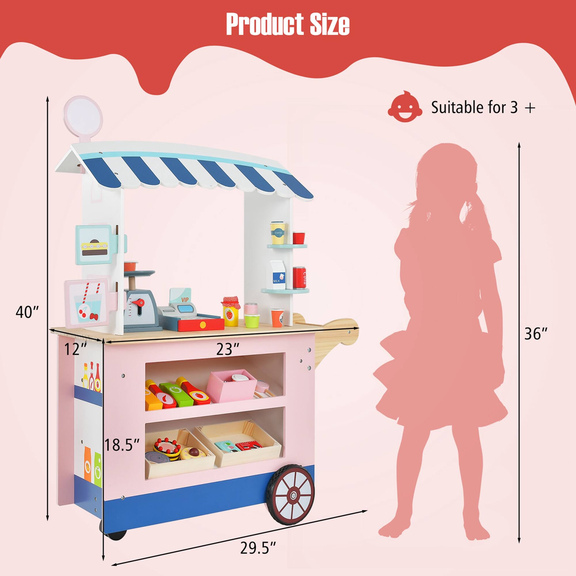 Product Size

Suitable for 3 +

40"  
12"  
23"  
18.5"  
29.5"  
36"