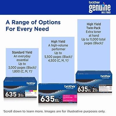 **Brother Genuine Ink & Toner**

**A Range of Options For Every Need**

- **Standard Yield**
  - An everyday essential
  - Up to 3,000 pages (Black)
  - 1,800 (C, M, Y)

- **High Yield**
  - A high-volume performer
  - Up to 5,500 pages (Black)
  - 4,500 (C, M, Y)

- **High Yield Twin-Pack**
  - Extra toner at hand
  - Up to 11,000 total pages (Black)

**Brother 635 3**  
**Brother 635xL 2**  
**Brother 635L**

*Scroll down to learn more. Images are for illustrative purposes only.*
