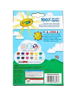 **100% RENEWABLE ENERGY**

Crayola cares about the environment and responsibly makes the products you love.

"We invest in 100% renewable energy from Solar Power for US manufacturing. Enough to make over 3 billion crayons and 700 million markers a year!"

**COLOR SAMPLER**

Our Brightest, Truest Colors

**MADE IN USA**

**crayola.com**

**PROOF OF PURCHASE**

0 71662 07813 5

**AP**

**WARNING & CARE INFORMATION**

**MADE IN USA**

**crayola.com**