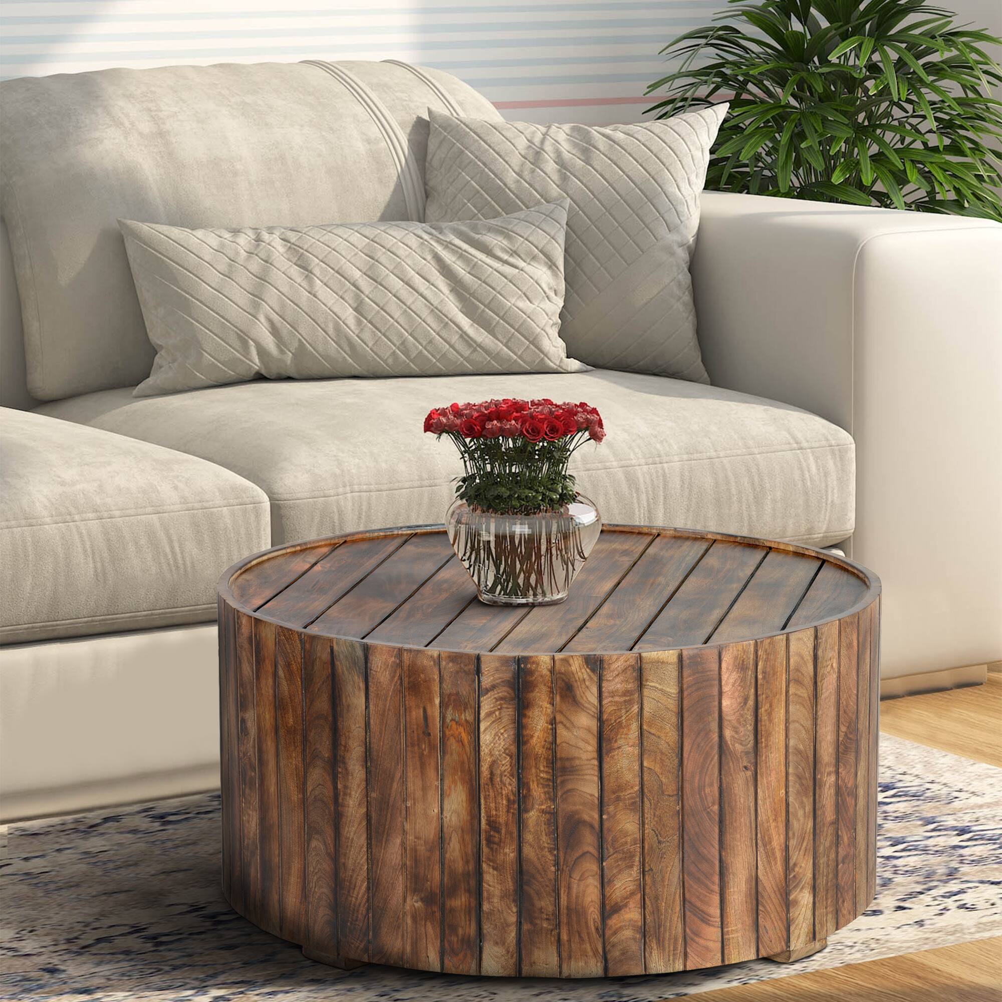 Alt View 6. Manhattan Lane - 34 Inch Handmade Wooden Round Coffee Table with Plank Design - Brown.