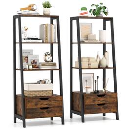 Gymax - 2PCS Bookshelf w/ 2 Storage Drawers Sturdy Metal Frame Anti-toppling Devices Brown - Rustic Brown, Black
