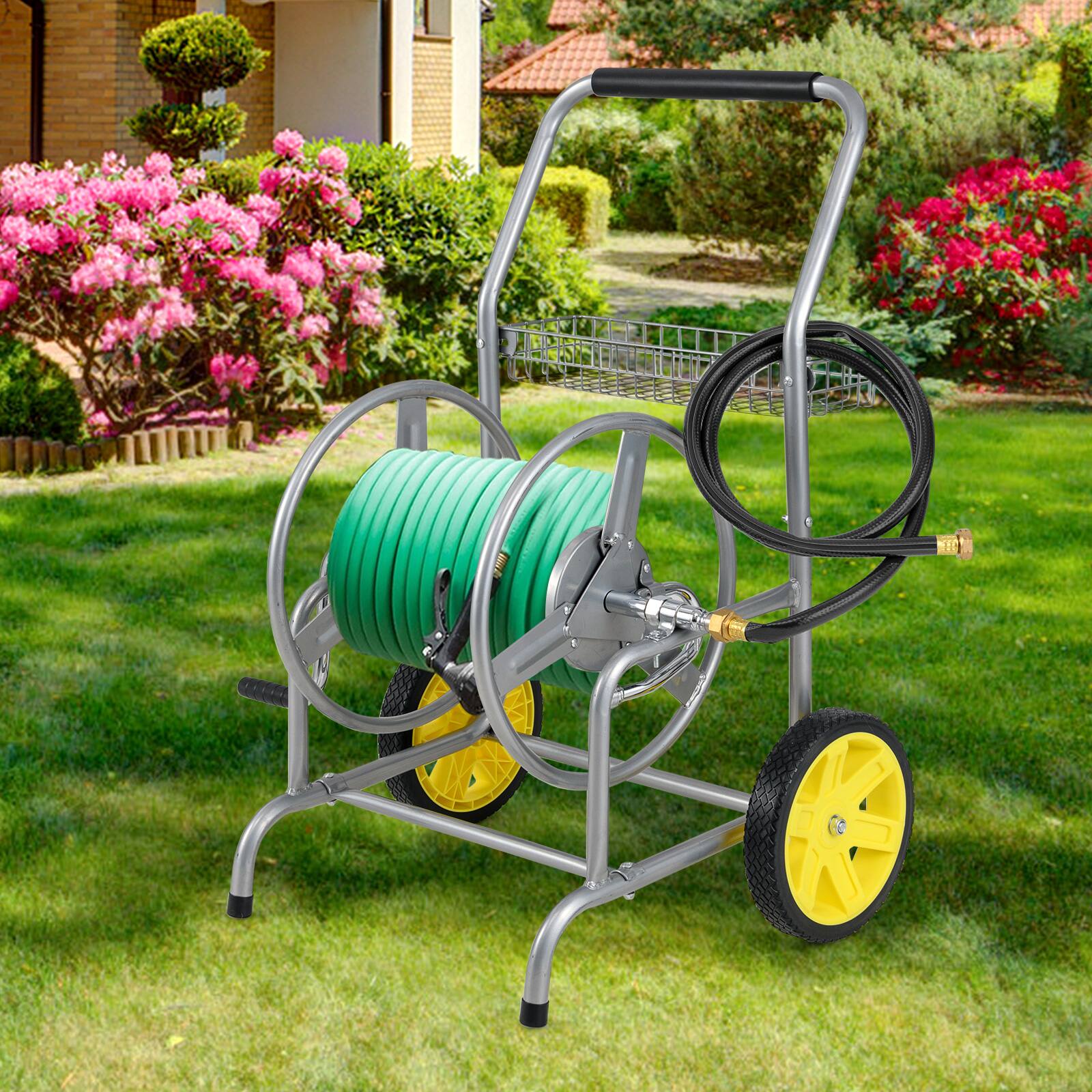 Alt View 1. Gymax - Gymax Garden Hose Reel Cart 230 FT of 5/8'' Large Capacity w/ 2 Wheels Storage Basket Silver - Silver.