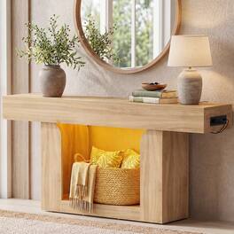 Aheaplus - 63" Farmhouse Console Table - LED Lights & Charging Station, Narrow Sofa Table for Entryway, Living Room & Hallway - Natural Oak