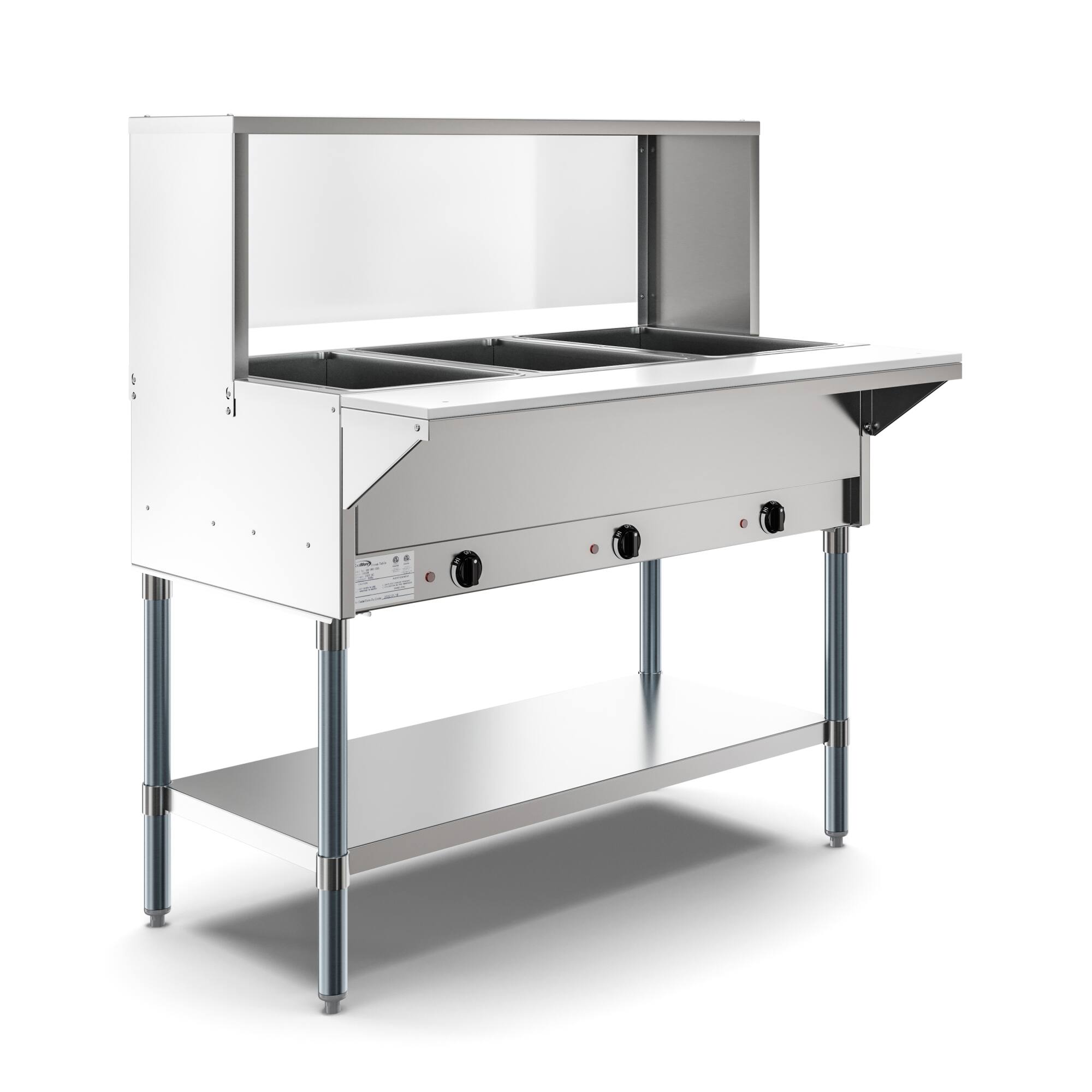 Back. Koolmore - Three Pan Open Well Electric Steam Table with Undershelf and Sneeze-Guard, KM-OWS-3SG. - Silver.