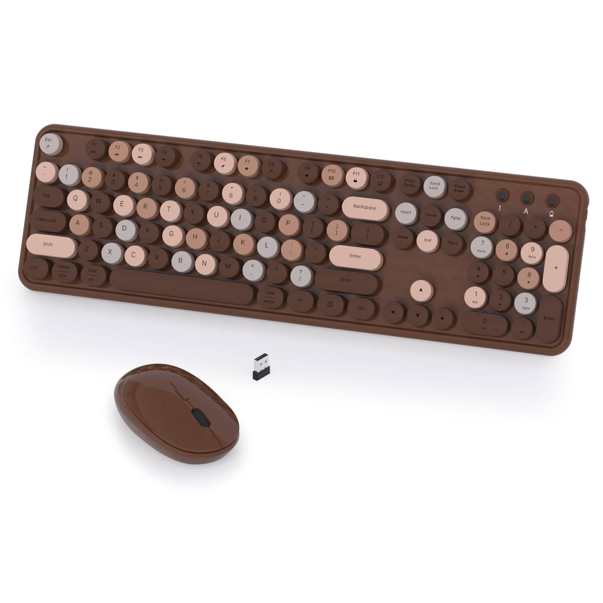 Empire DigiLabs - Colorful Wireless And Mouse Combo Retro Cute Round Keycaps Full sized Set With Button For Pc Laptop Desktop - Brown
