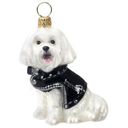 Joy to the World Collectibles - Joy to the World Maltese in Motorcycle Jacket Polish Glass Christmas Ornament - White