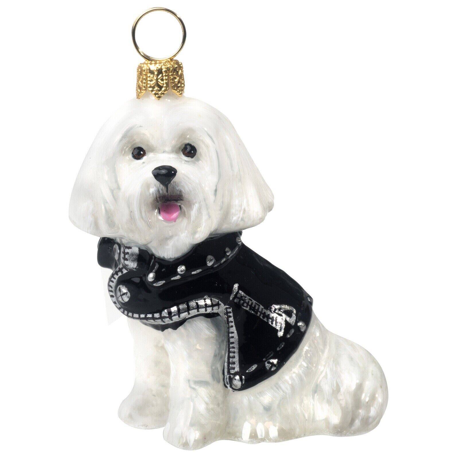 Front. Joy to the World Collectibles - Joy to the World Maltese in Motorcycle Jacket Polish Glass Christmas Ornament - White.