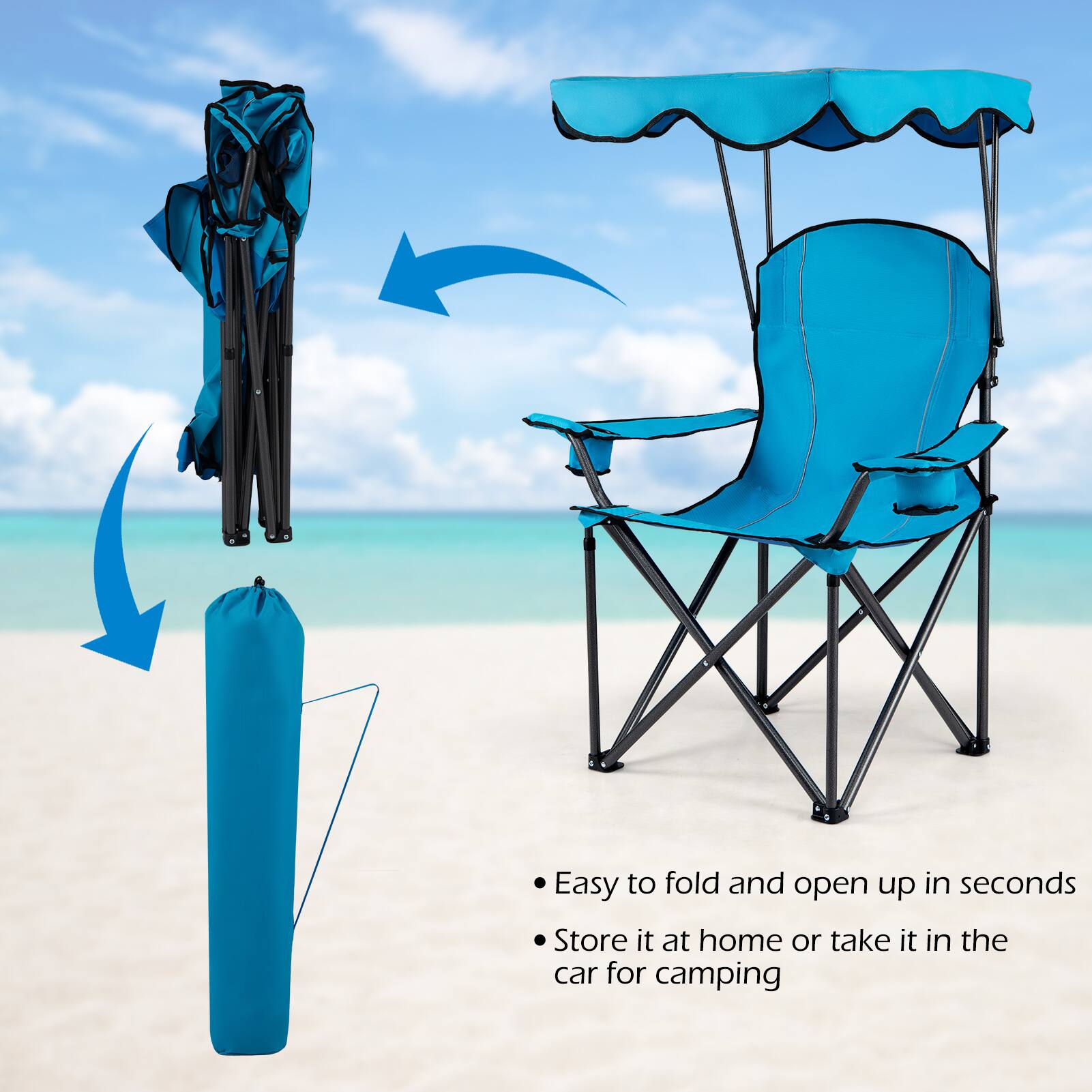 Easy to fold and open up in seconds  
Store it at home or take it in the car for camping