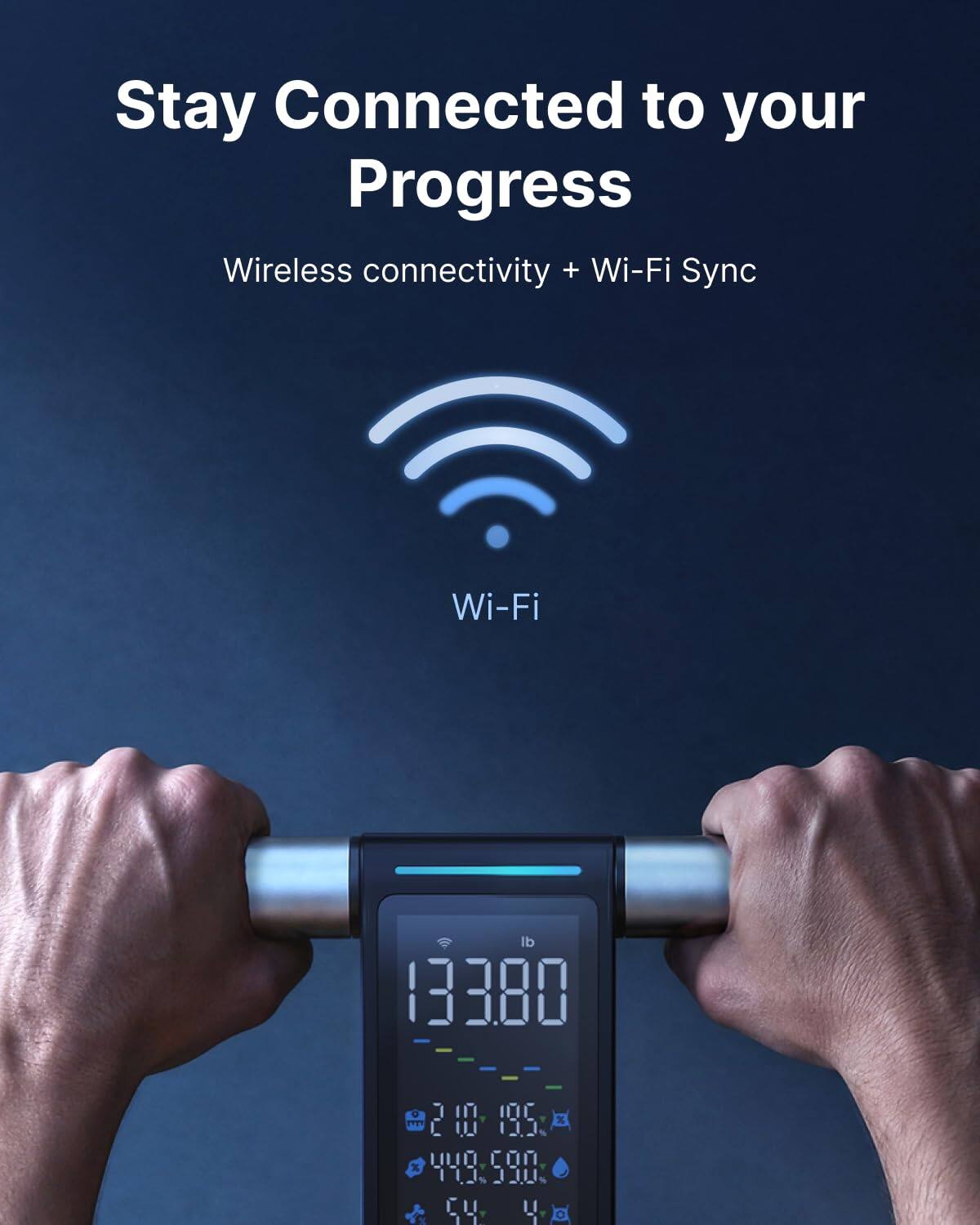 Stay Connected to your Progress  
Wireless connectivity + Wi-Fi Sync  
Wi-Fi  

133.80  
210 195  
449.598  
54 4