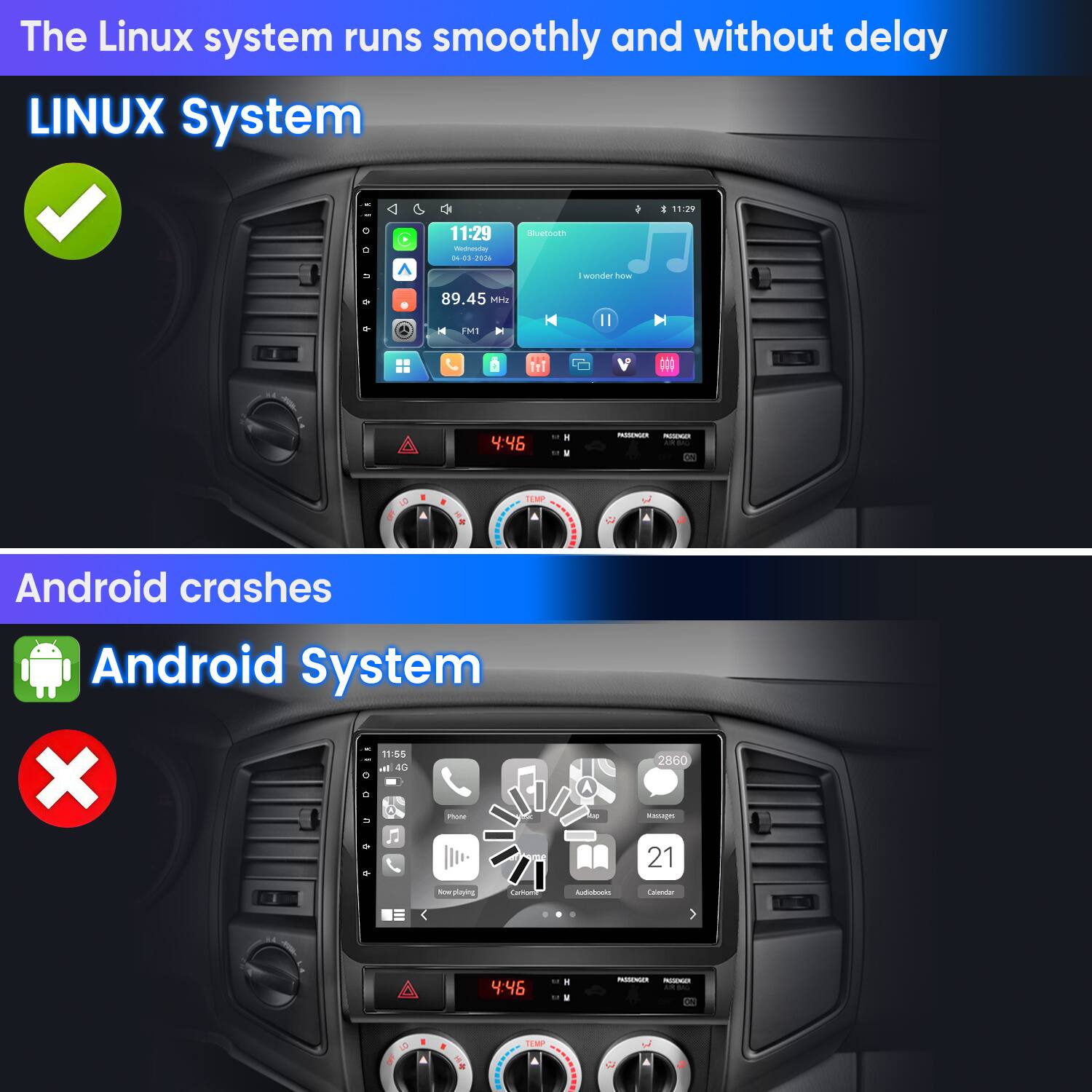 The Linux system runs smoothly and without delay  
LINUX System  
11:29  
Wednesday 04-03-2026  
Bluetooth  
I wonder how  
89.45 MHz  
FM1  
Android crashes  
Android System  
11:55  
4G X 0  
Photo  
2860 Messages 21  
Now playing  
CarRone  
Audiobooks  
Calender