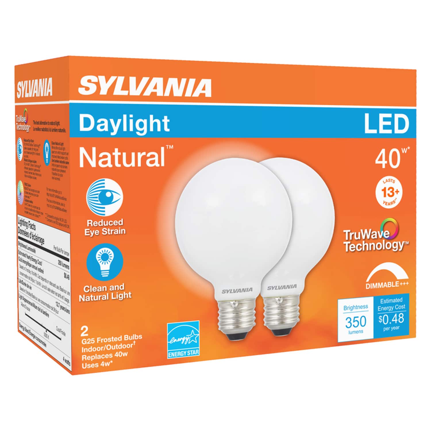 Sylvania - Natural G25 E26 (Medium) LED Bulb Daylight 40 Watt Equivalence 2 pk