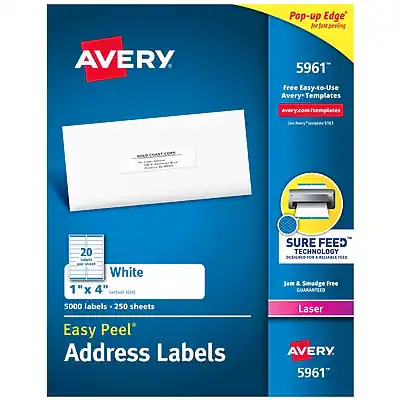 Avery 5961
Pop-up Edge' for easy peeling
Free Easy-to-Use Avery Templates
avery.com/templates
White
1" x 4"
5000 labels - 250 sheets
Easy Peel' Address Labels
Laser
SURE FEED TECHNOLOGY
DESIGNED FOR JAM & SMOGGE FREE GUARANTEED
Avery 5961
