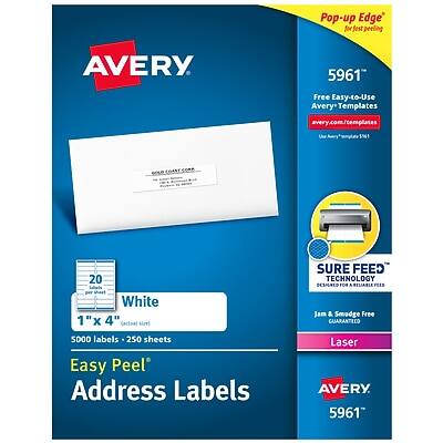 Avery 5961  
Pop-up Edge' for easy peeling  
Free Easy-to-Use Avery Templates  
avery.com/templates  

White  
1" x 4"  
5000 labels - 250 sheets  

Easy Peel' Address Labels  
Laser  

SURE FEED TECHNOLOGY  
DESIGNED FOR JAM & SMOGGE FREE GUARANTEED  

Avery 5961