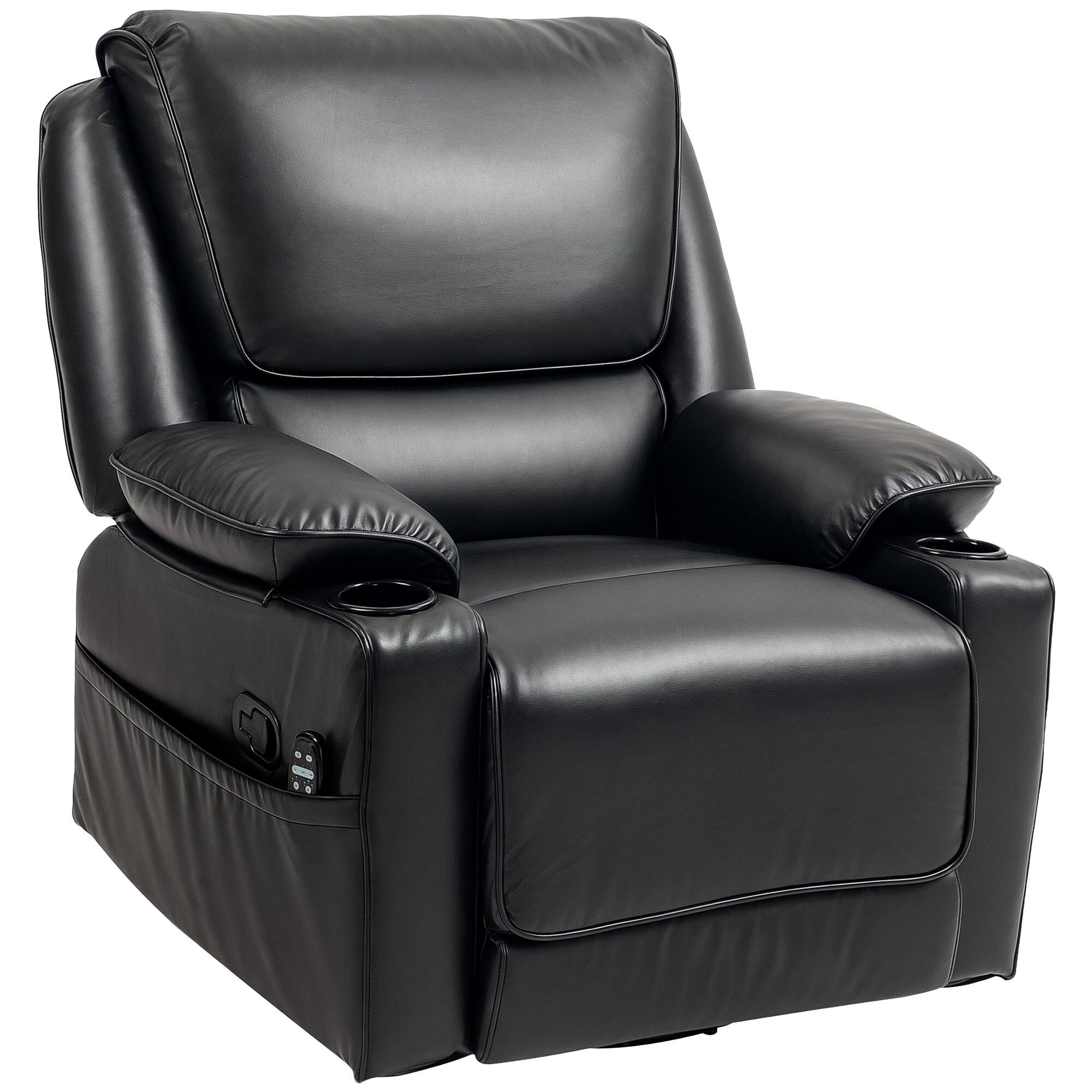 Homcom - Swivel Rocker: PU Manual Recliner w/Massage+Heat, Oversized Sofa w/Footrest & Cup Holders - Black