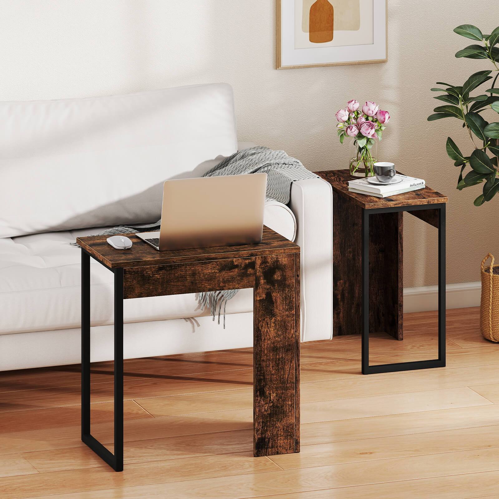 Alt View 4. Costway - Costway Set of 2,Nesting Coffee Table 2-in-1 Faux Wood Top Sofa Side Table Rustic Brown - Rustic Brown + Black.