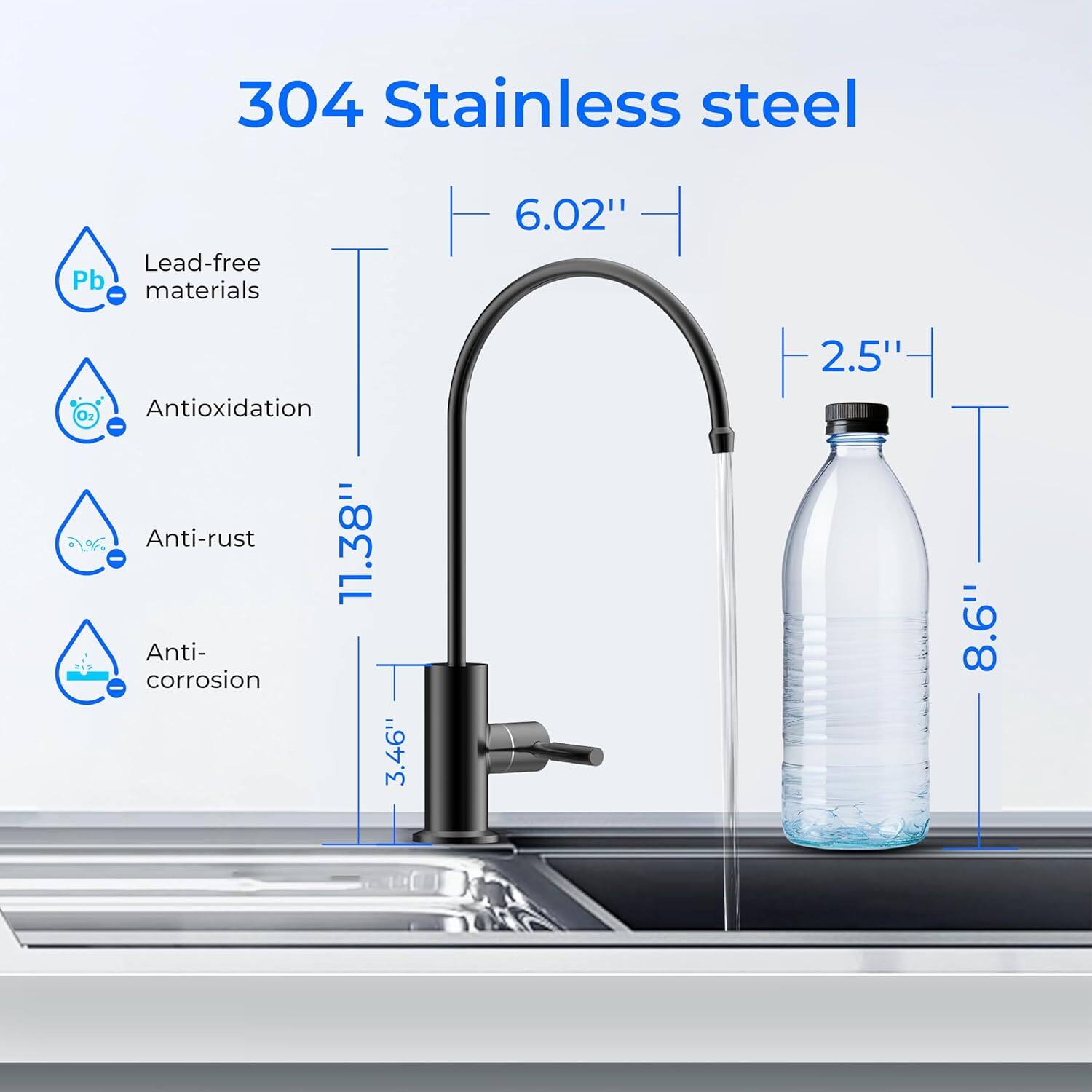 304 Stainless steel

- Lead-free materials
- Antioxidation
- Anti-rust
- Anti-corrosion

Dimensions:
- 6.02"
- 11.38"
- 3.46"
- 2.5"
- 8.6"