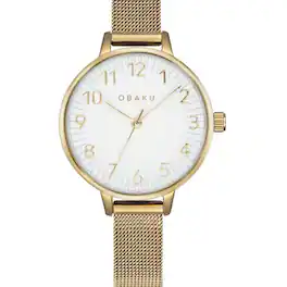 Obaku - Syren Women's Stainless Steel Wrist Watch with Easy Reader White Dial and IP Mesh Bracelet, Quartz Movem - Gold