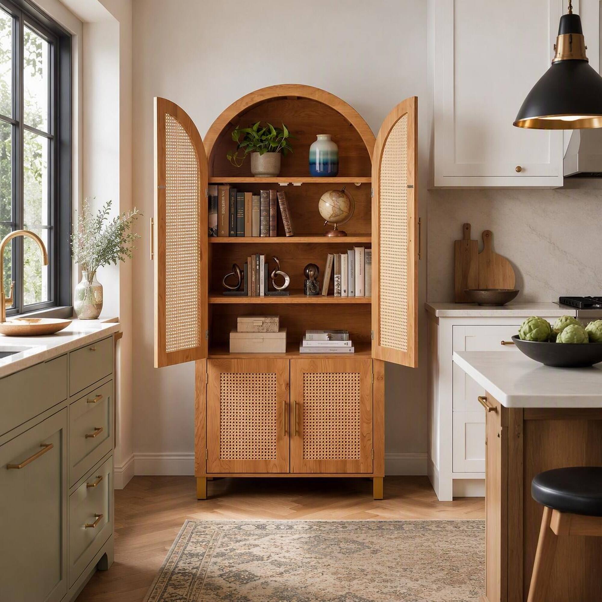 Angle. RYHNUYNE - Freestanding 71 Inch Tall Arched Cabinet with Rattan Doors and Adjustable Shelves, Oak - Oak.