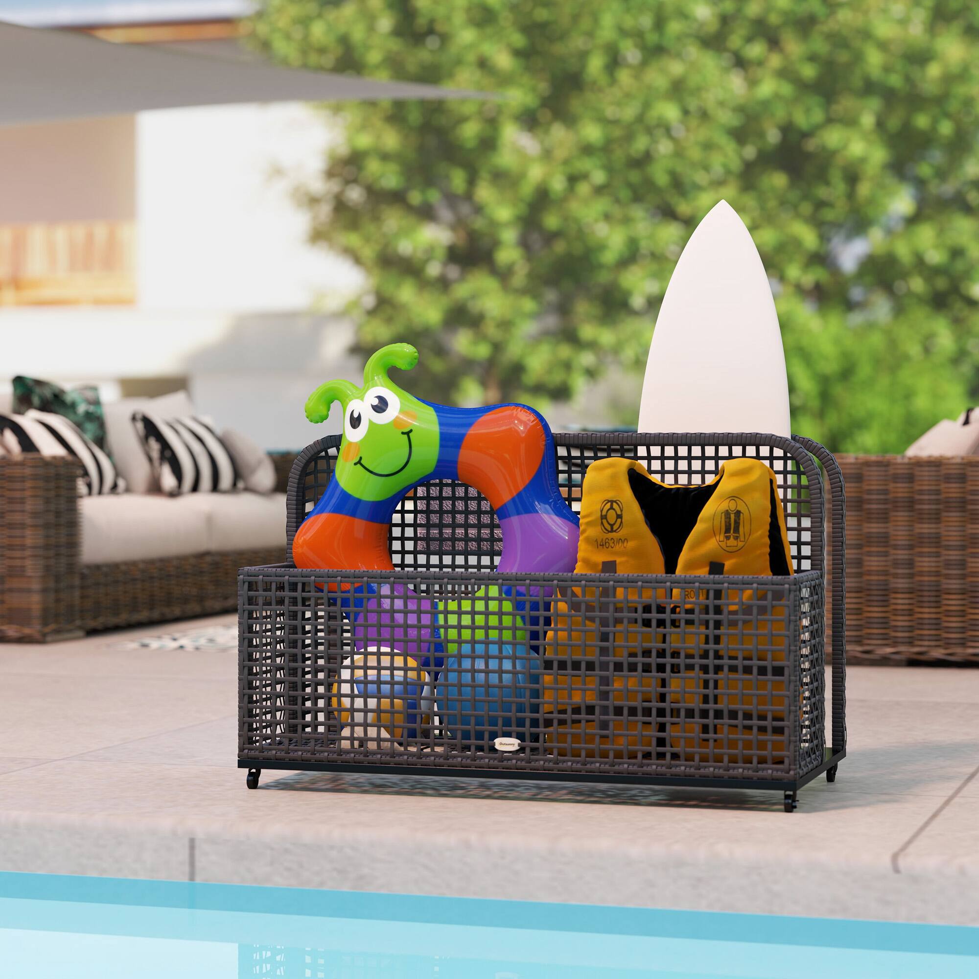 Alt View 4. Outsunny - Outsunny Patio Wicker Pool Float Storage with Wheels, Outdoor Rolling PE Rattan Pool Caddy - Dark Gray.