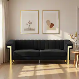 Anysun - Modern 3-Seat Cream Velvet Sofa with Gold Accents - Channel-Tufted for Living Room & Office. - Black
