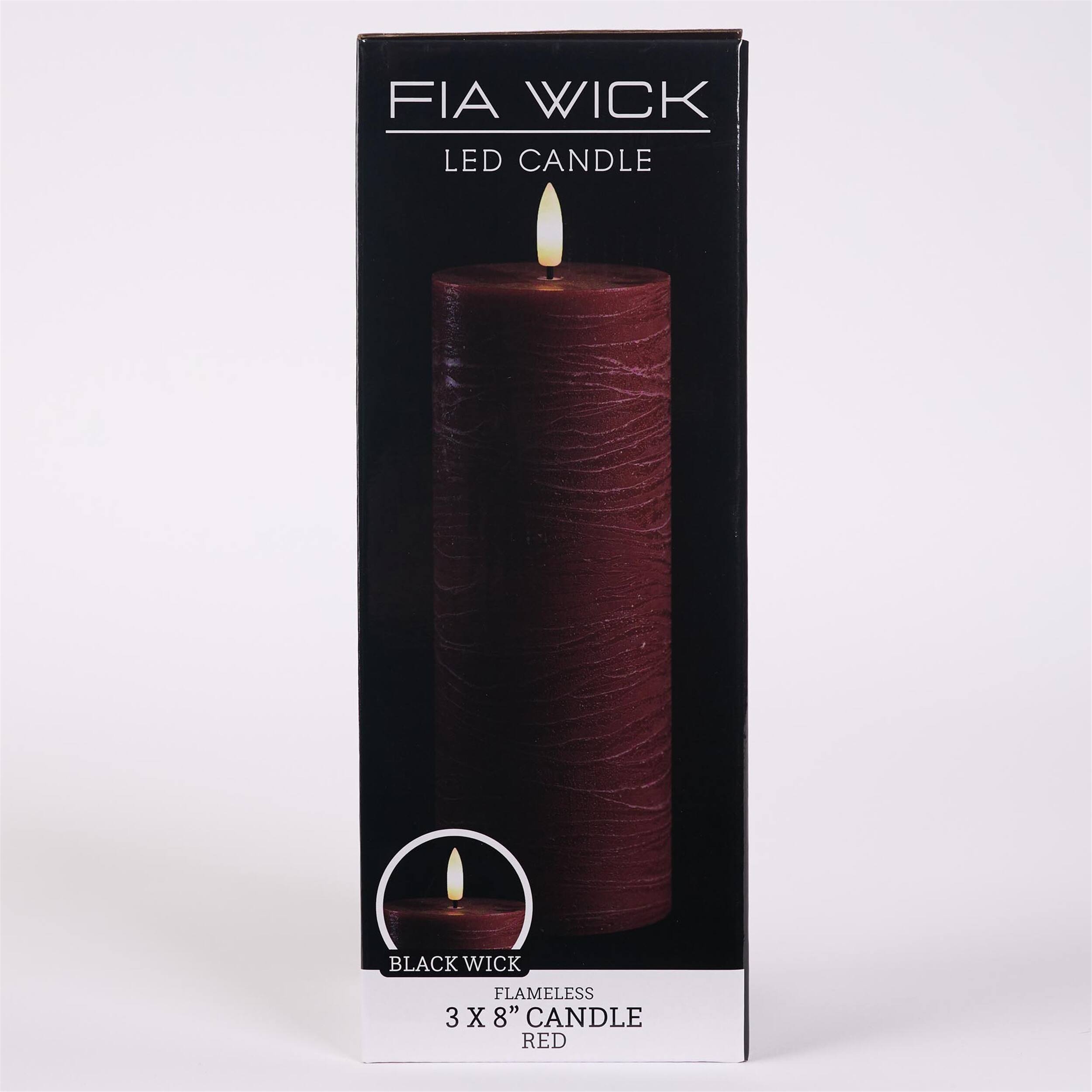 FIA WICK  
LED CANDLE  

BLACK WICK  
FLAMELESS  
3 X 8" CANDLE  
RED