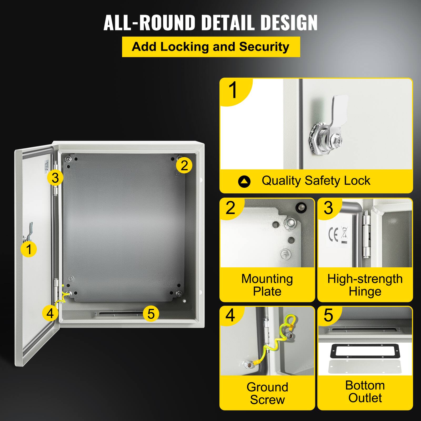 ALL-ROUND DETAIL DESIGN  
Add Locking and Security  

1. Quality Safety Lock  
2. Mounting High-strength Plate  
3. High-strength Hinge  
4. Ground Screw  
5. Bottom Outlet