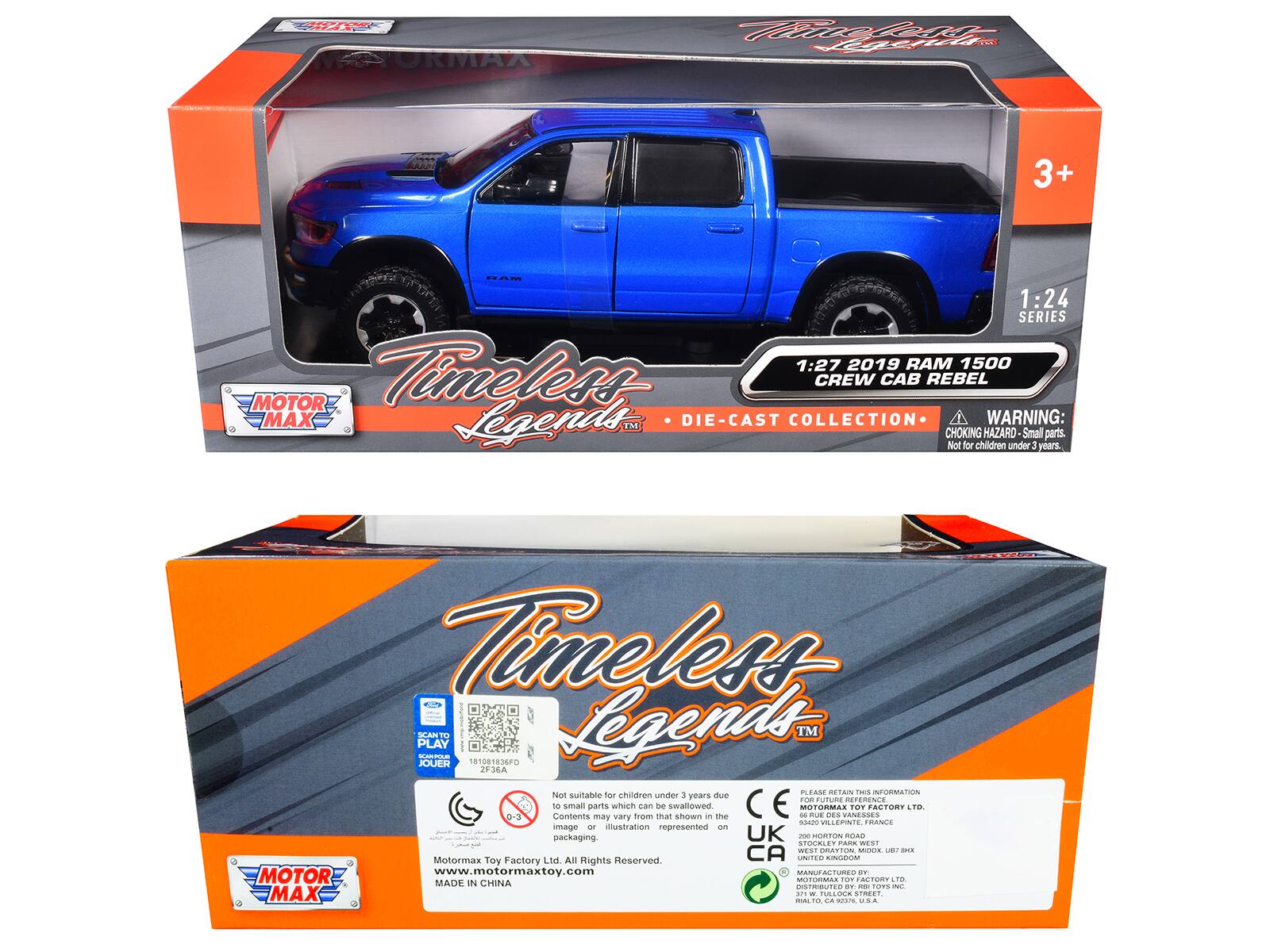 Ms ORMAX Hei 3+ ram 1:24 SERIES 1:27 2019 RAM 1500 MOTOR Timeless CREW CAB REBEL MAX Legends DIE-CAST COLLECTION WARNING: IM CHOKING HAZARD Small parts. Not for children under 3 years. Timeless SCANTO PLAY --. JOUER 101081836FD Legends- 2F36A PLEAME RETAN F. INFORMATION Not suitable for children under 3 years due to small parts which may be swallowed shown - the CE de MOTORMAS FE DES VANESSES POF FACTORE 1O and VILLERNTE FRANCE image an illustration represented on packaging. UK - HORTON OAD FIOCR.EY FARO WEST WEST COTOw MOCE I Motormas Toy Factory Ltd All Rights Reserved. CA UNITED KINGDOM MOTOR www.motormaxtoy.com MARA FORO .. C FOF - TORY Te MADE IN CHINA
