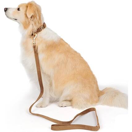 Front. MOSZAR LLC - Soft Corduroy Dog Collar & Leash Set, Adjustable, Metal Buckle, Durable, Brown for Medium Dogs - Brown.