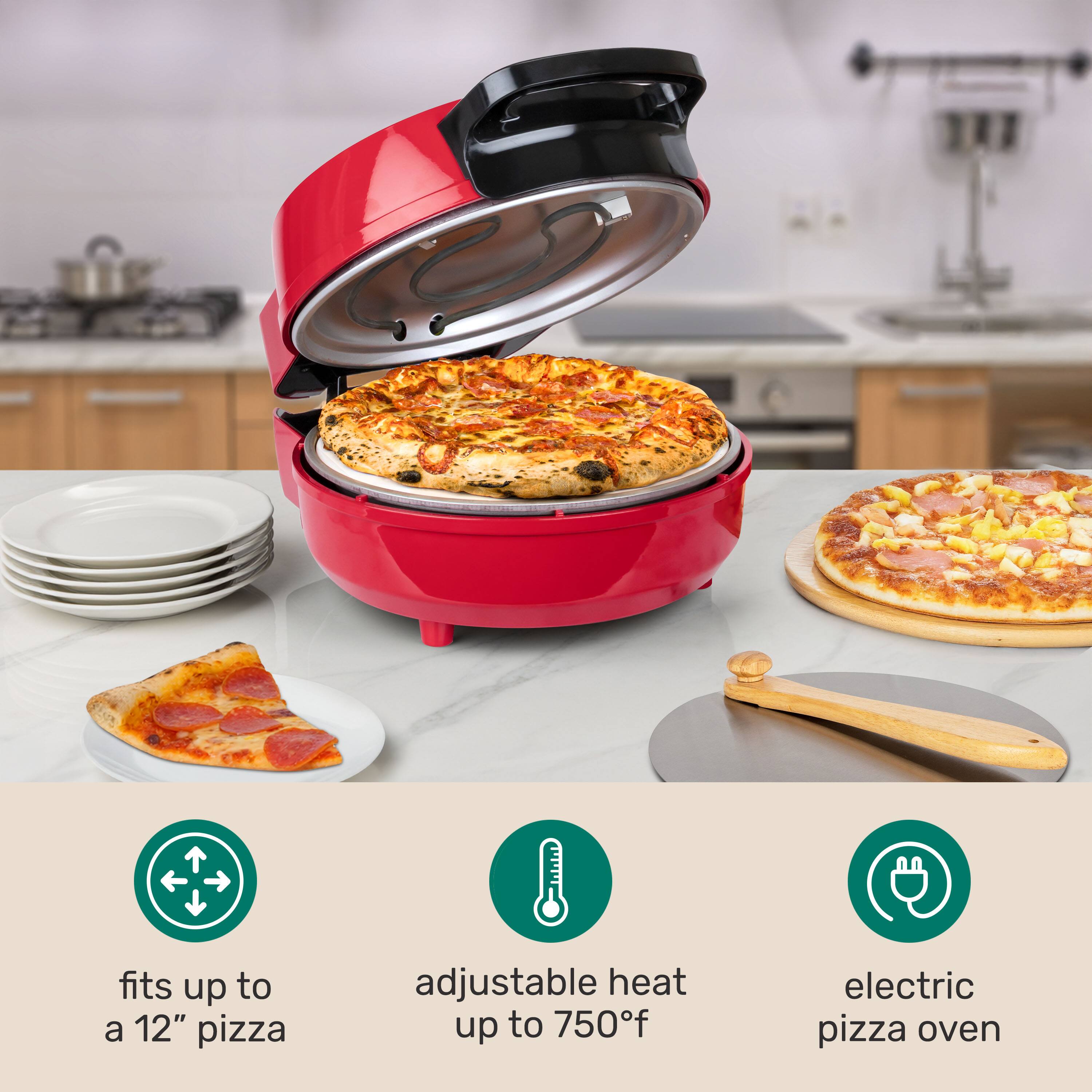 fits up to a 12" pizza adjustable heat up to 750f electric pizza oven