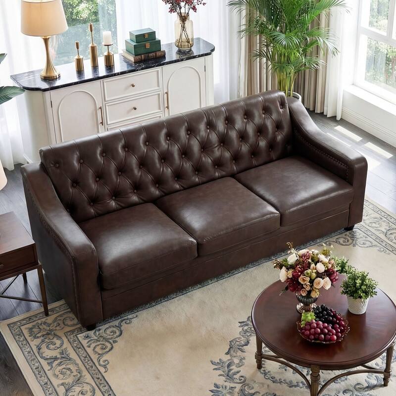 Angle. Dyonery - Dyonery 78.7" PU Leather Couch, Sofa with Deep Seat, Handmade Button Tufted 3 Seater Sofa, Modern Leather Sofa - Black.