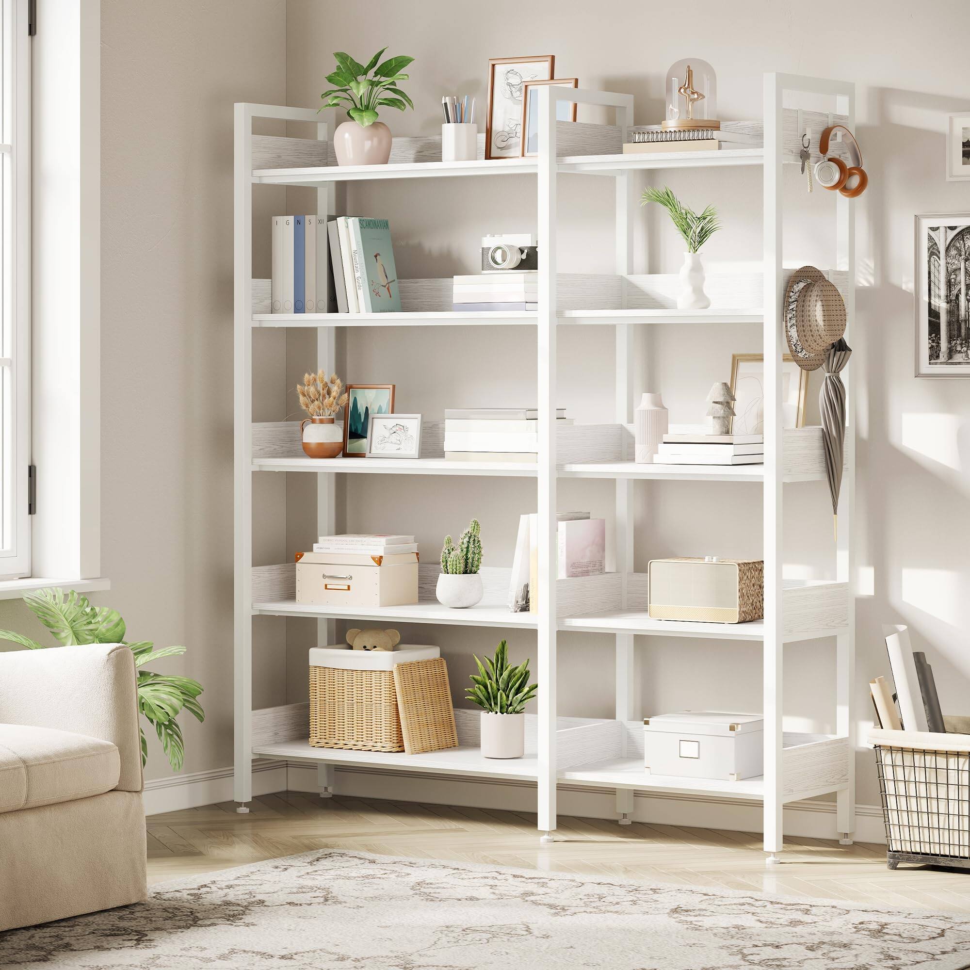 Alt View 2. Jojoka - Corner Bookshelf, 5-Tier L-Shaped Industrial Bookcase, Convertible Storage Display Shelf for Living Room or Office - White.