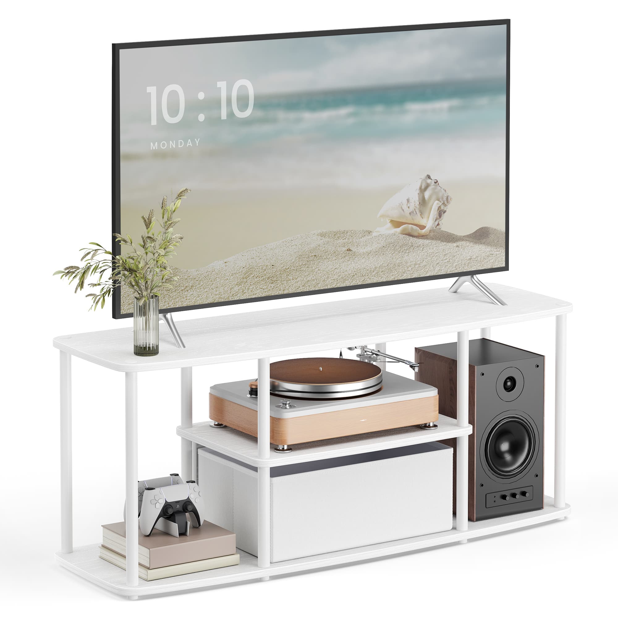 Songmics Home - Superfast Toolless Assembly, TV Stand for TVs up to 50 Inches, TV Cabinet Unit, Media Center Table, Living Room, Shelve - Snow White and Matte White