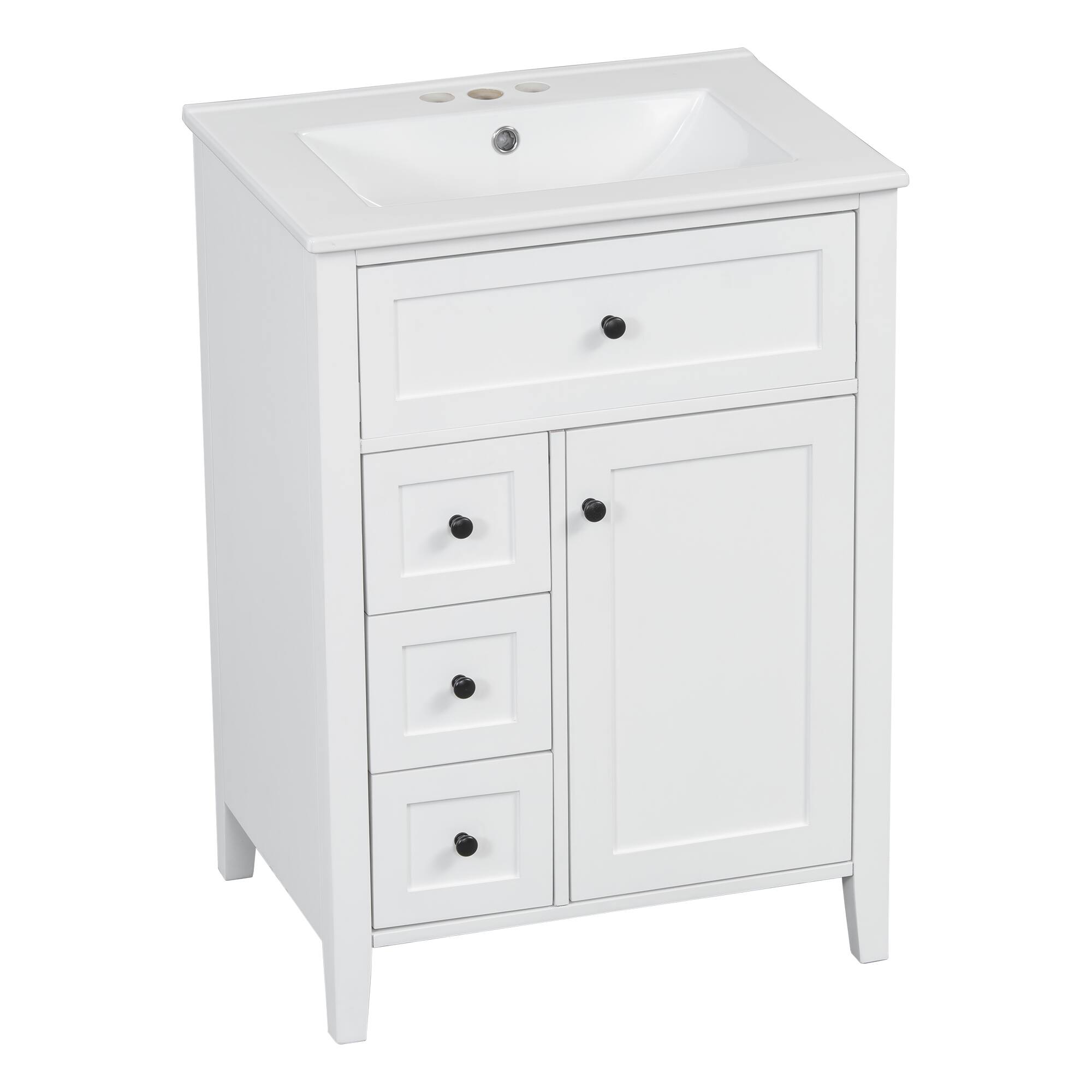 Left. Whisen - 24" Bathroom Vanity with Sink, 4 Drawers & Cabinet with Adjustable Shelves for Small to Medium Bathrooms - White.