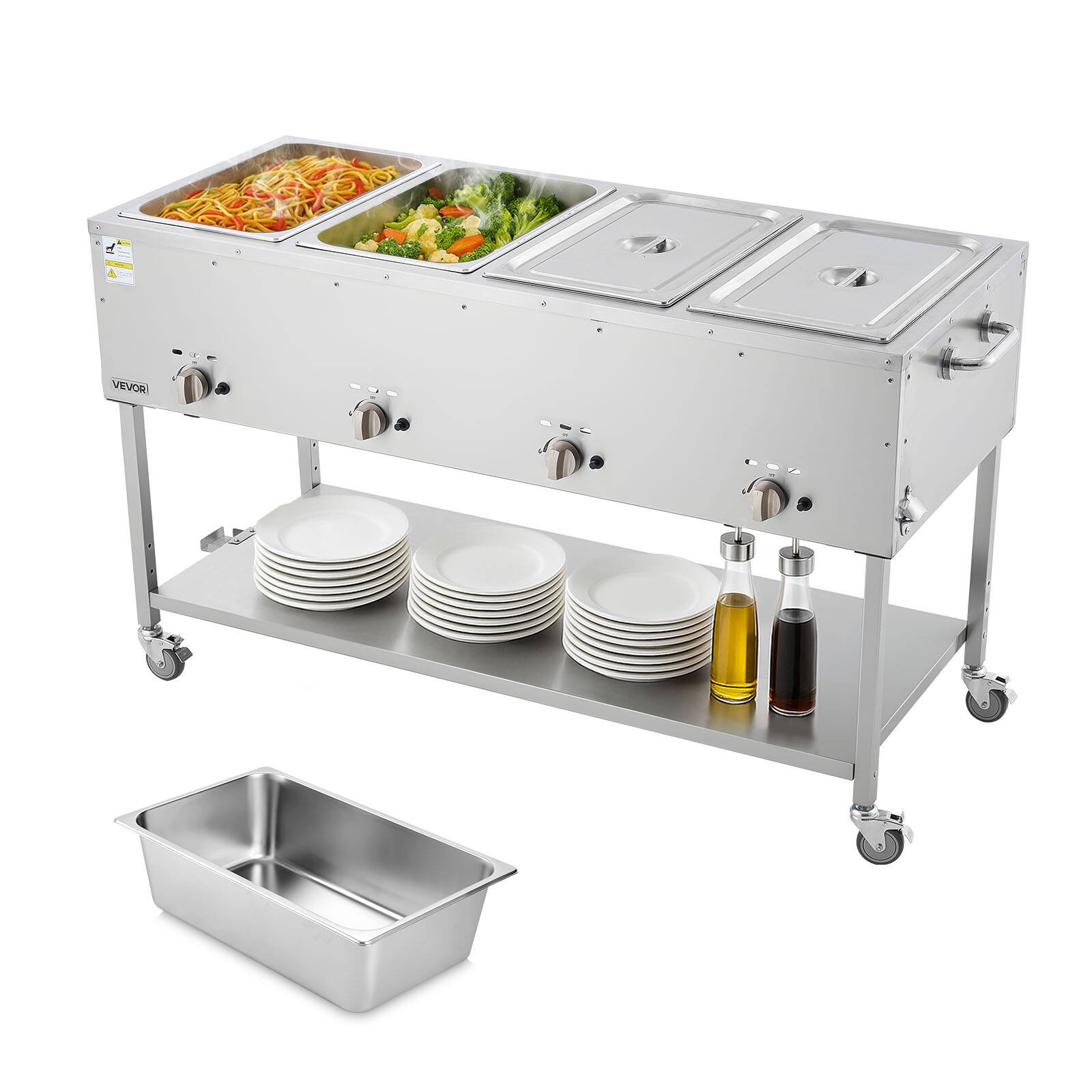 Front. VEVOR - 4-Pan Commercial Propane Steam Table, LP Gas Outdoor Soup Warmer with Drain Valve and 3" Wheels, Stainless Steel - Silver.