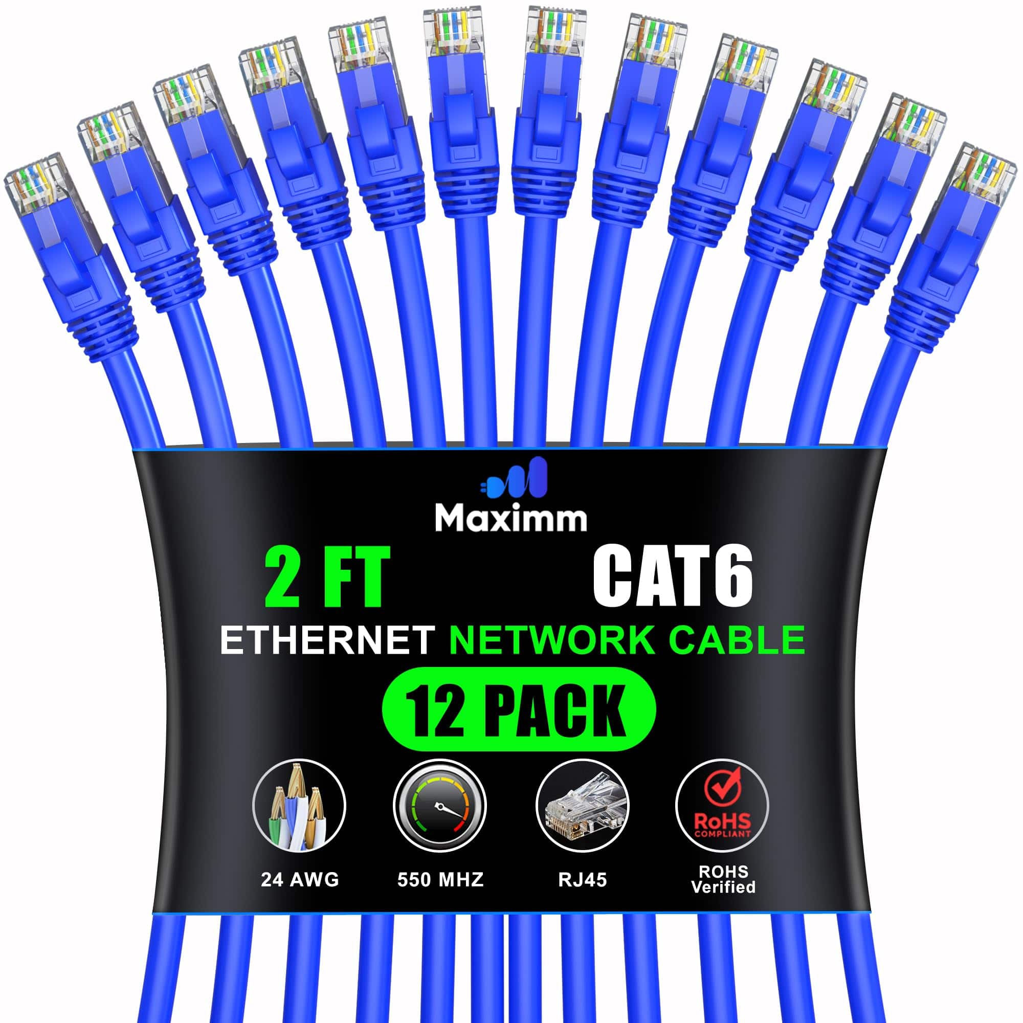 Maximm - Cat 6 Ethernet Cable 2 ft (12-Pack) - UTP, 10Gbps, 550MHz