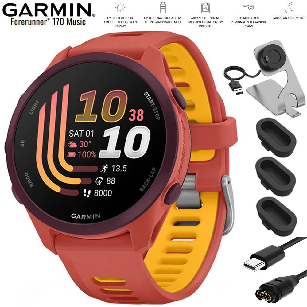 GARMIN Forerunner 170 Music

- 1.2-inch colorful AMOLED touchscreen display
- Up to 10 days of battery life in smartwatch mode
- Advanced training metrics and recovery insights
- Garmin Coach personalized training plans
- Music on your wrist
- 100% light
- 30°
- 13.5
- 88
- 8000
- Start/Stop
- Back-lap