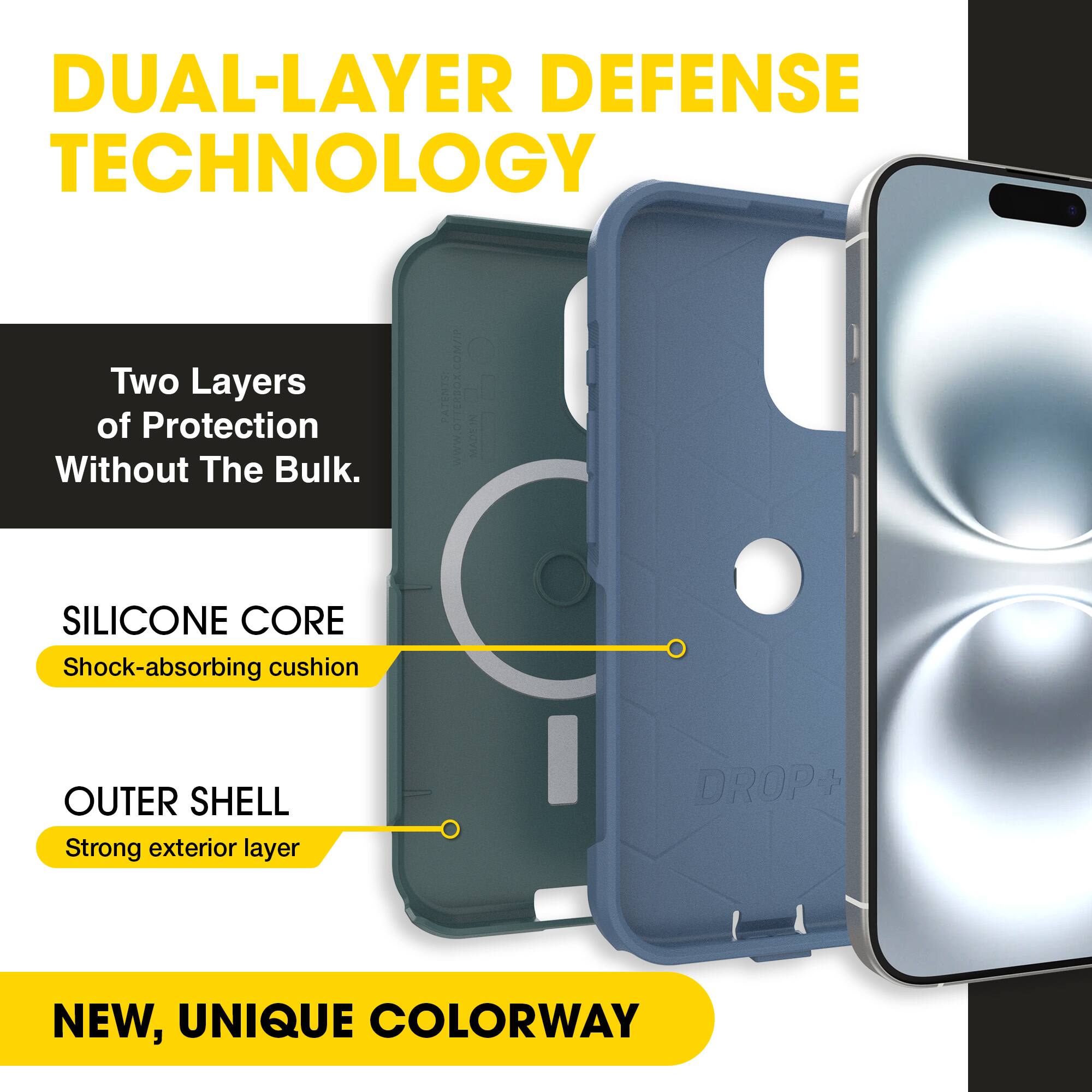 DUAL-LAYER DEFENSE TECHNOLOGY  
Two Layers of Protection Without The Bulk.  

SILICONE CORE  
Shock-absorbing cushion  

OUTER SHELL  
Strong exterior layer  

NEW, UNIQUE COLORWAY  

INOS SINTIV  
WWW.OTTERBOX.COM/