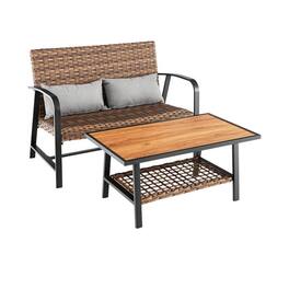 Pefilos - 2 Pieces Patio Rattan Coffee Dining Table Set, Deluxe Outdoor Patio with Shelf and Quick Dry Cushion Dining Chairs - Brown
