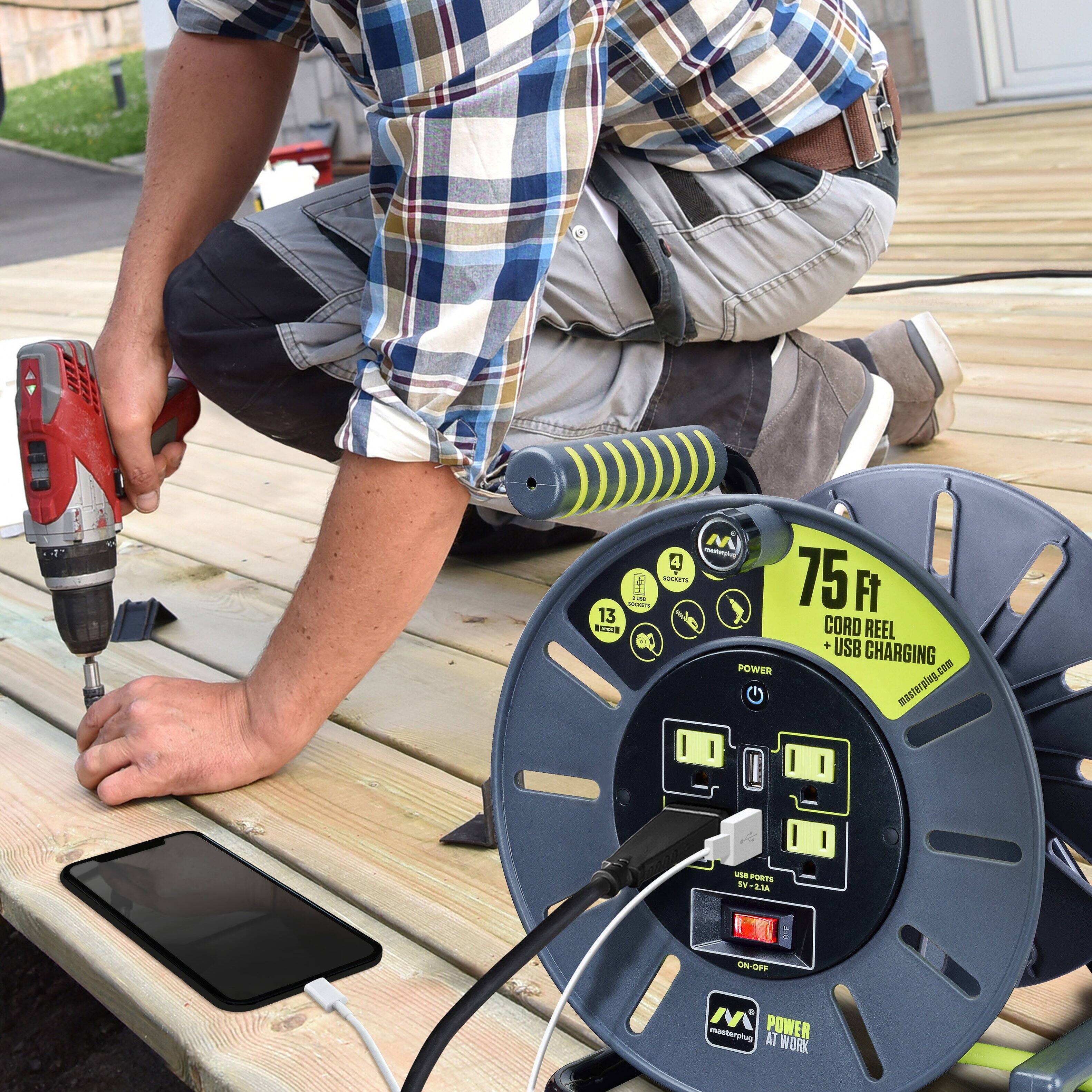 Alt View 14. Masterplug - 75Ft 4 Sockets 13A 14AWG Large Open Reel with USB Charging - Green & Grey.