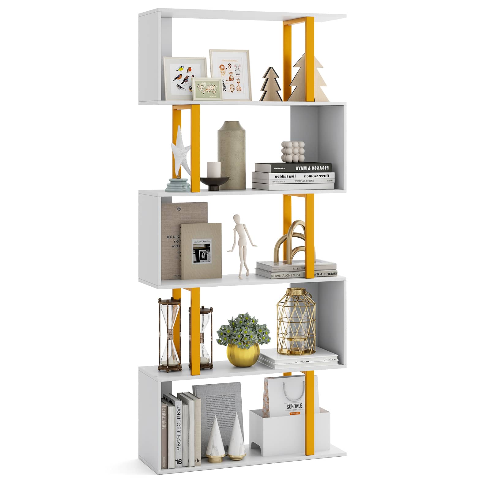 Gymax - 5-Tier Geometric Bookcase 62-Inch S-Shaped Bookshelf w/ Metal Frame Gold - White, Gold