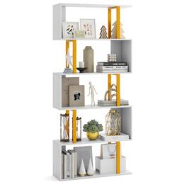 Gymax - 5-Tier Geometric Bookcase 62-Inch S-Shaped Bookshelf w/ Metal Frame Gold - White, Gold