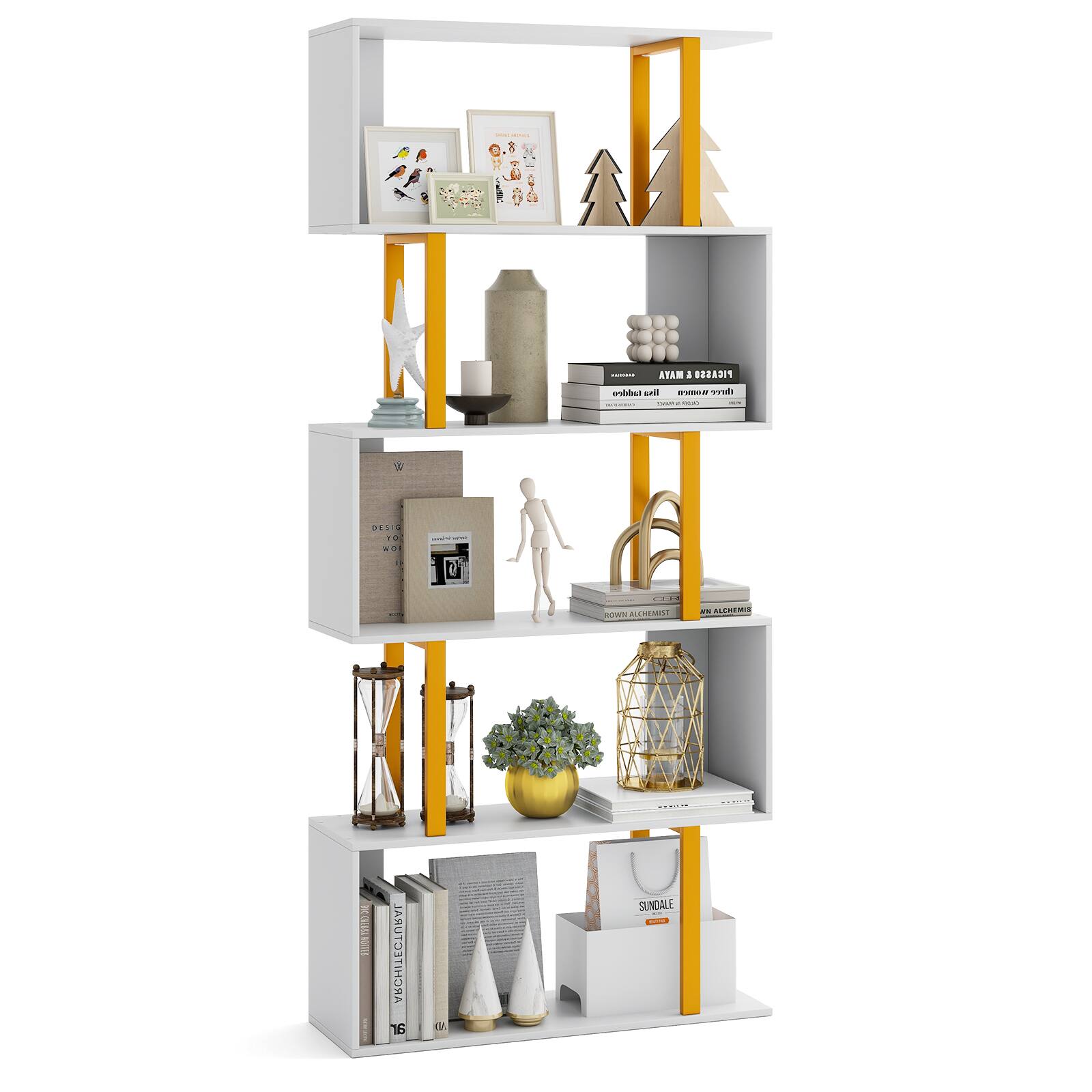 Gymax - 5-Tier Geometric Bookcase 62-Inch S-Shaped Bookshelf w/ Metal Frame Gold - White, Gold