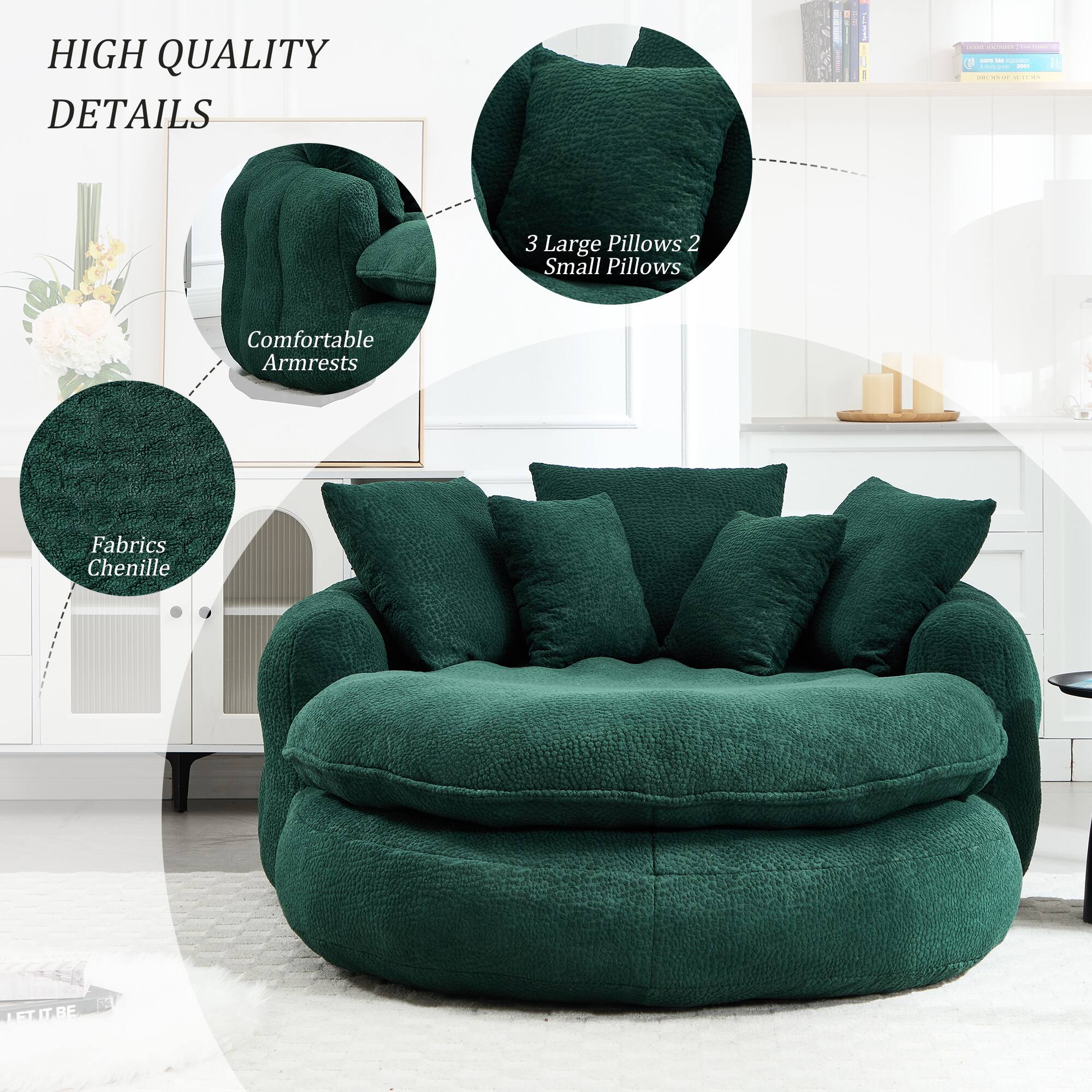 HIGH QUALITY DETAILS

- 3 Large Pillows
- 2 Small Pillows
- Comfortable Armrests
- Fabrics Chenille