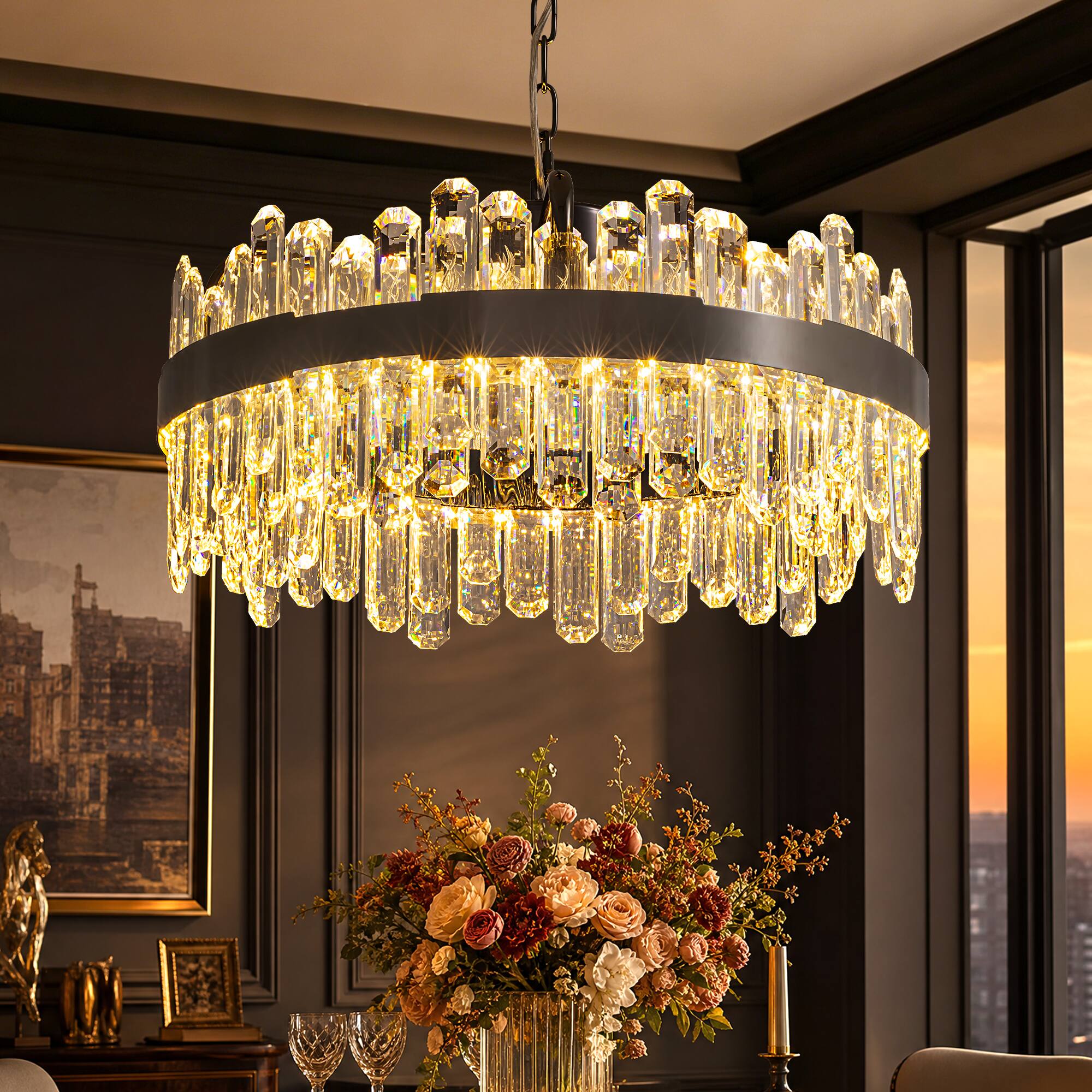 Angle. Siljoy - 24-inch  Modern Round Clear Crystal Chandelier Dimmable Color Changing Pendant for Kitchen Island - Polished Nickel.