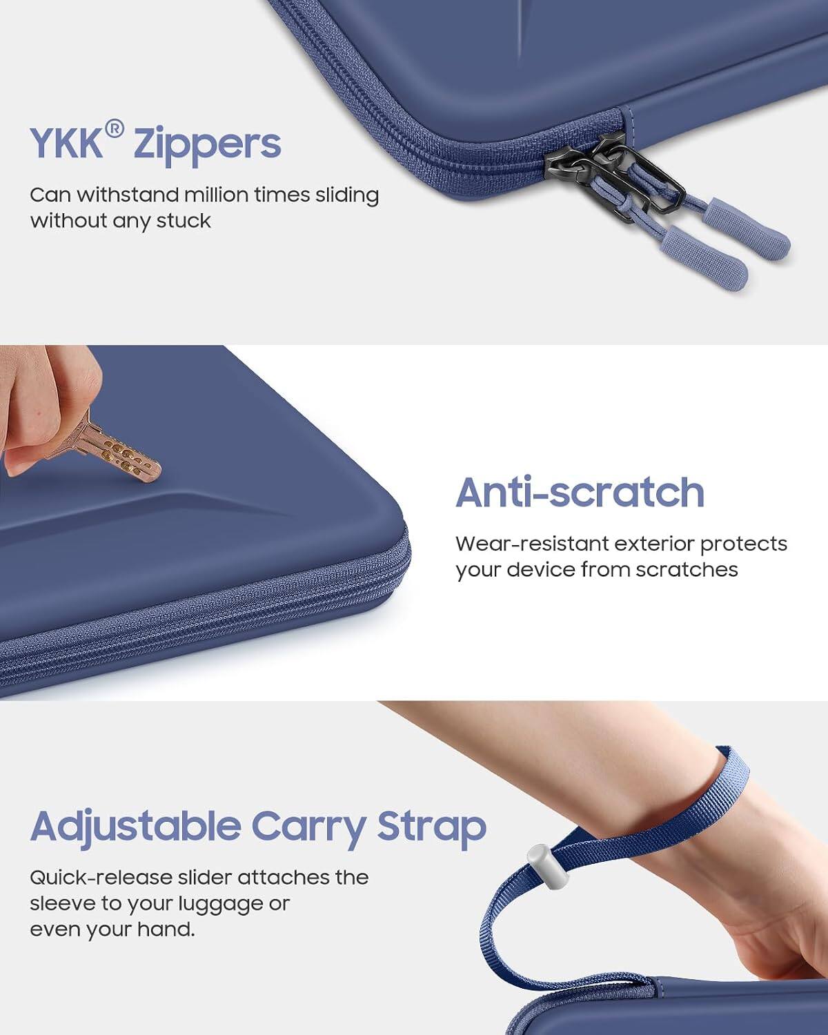 YKK® Zippers  
Can withstand million times sliding without any stuck

Anti-scratch  
Wear-resistant exterior protects your device from scratches

Adjustable Carry Strap  
Quick-release slider attaches the sleeve to your luggage or even your hand.