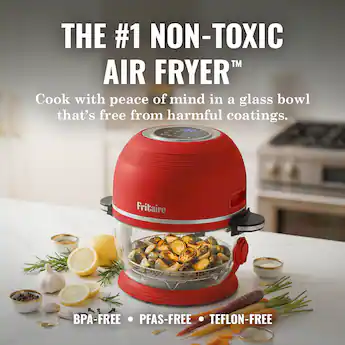 Fritaire Non Toxic Air Fryer Glass Air Fryer, 5qt, Teflon Free, PFOA Free, w/ Accessories Rotisserie and Tumbling Basket Midnight Black