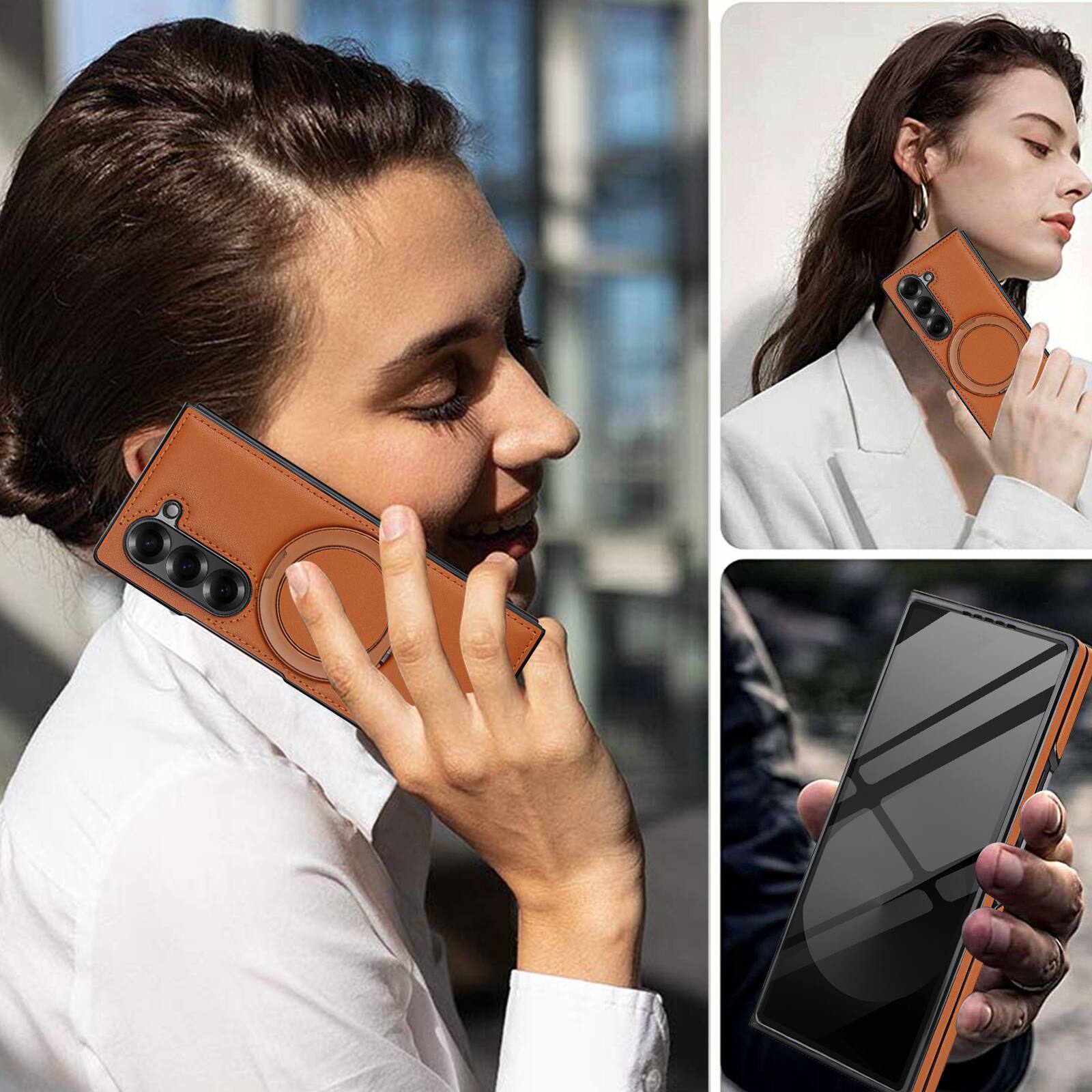 Alt View 4. Dteck - Magnetic Case for Samsung Galaxy Z Fold6,360° Ring Kickstand Built-in Screen Protector Faux Leather Shockproof Cover - Brown.