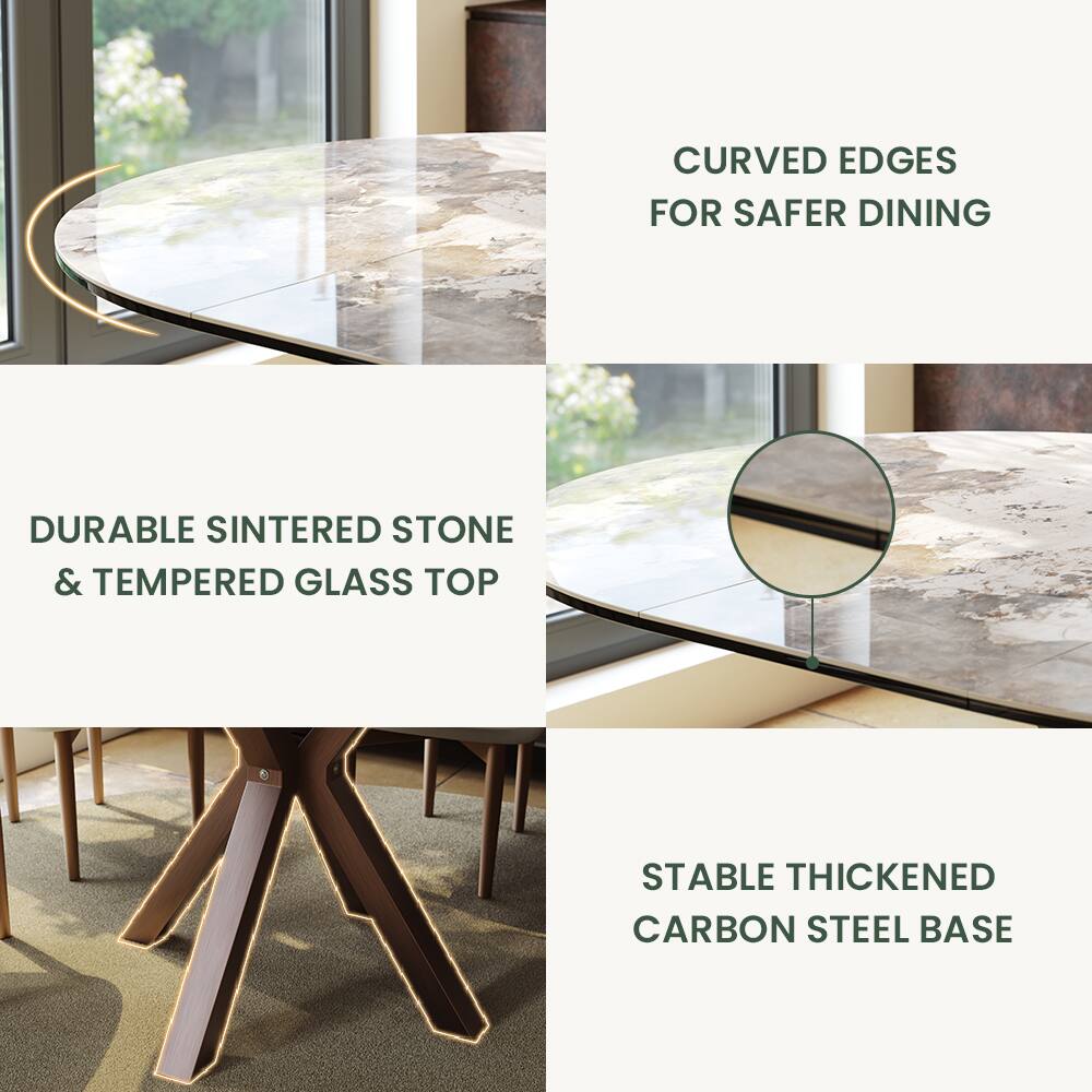 - CURVED EDGES FOR SAFER DINING
- DURABLE SINTERED STONE & TEMPERED GLASS TOP
- STABLE THICKENED CARBON STEEL BASE